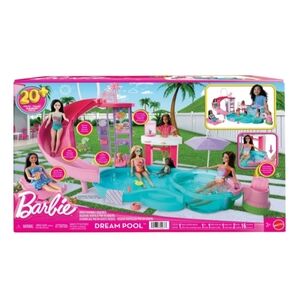 NEW Barbie Dream Pool Playset with Slide & Bubbling Hot Tub, 20+ Accessories